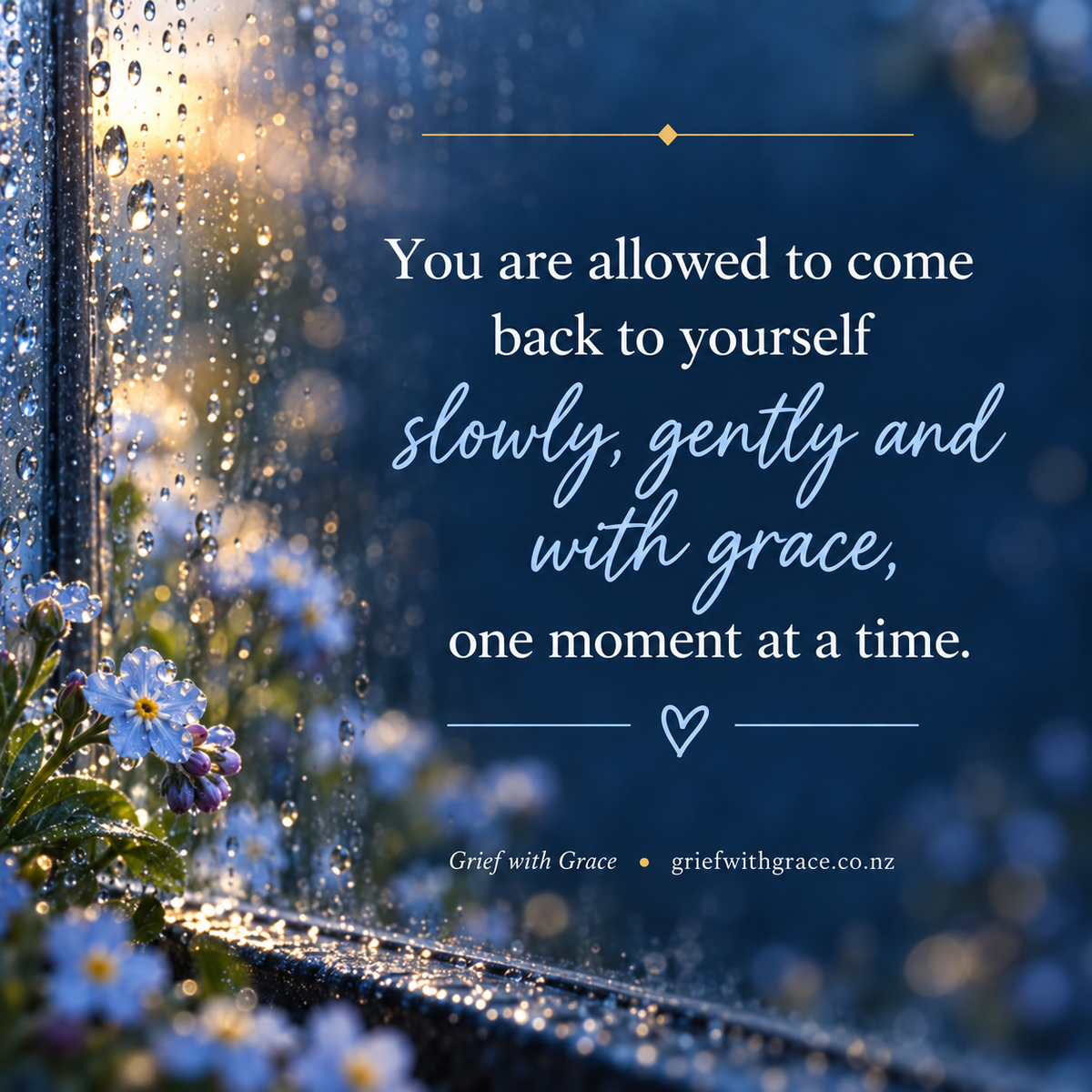 Rain on a window with blue flowers and light shining through — a reflection on grief and coming back to yourself slowly