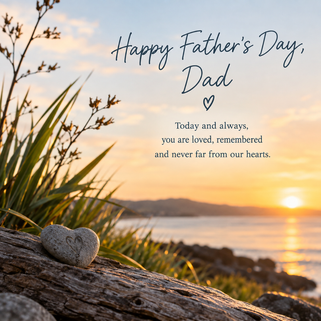Happy Father's Day card with heart-shaped stone at sunset