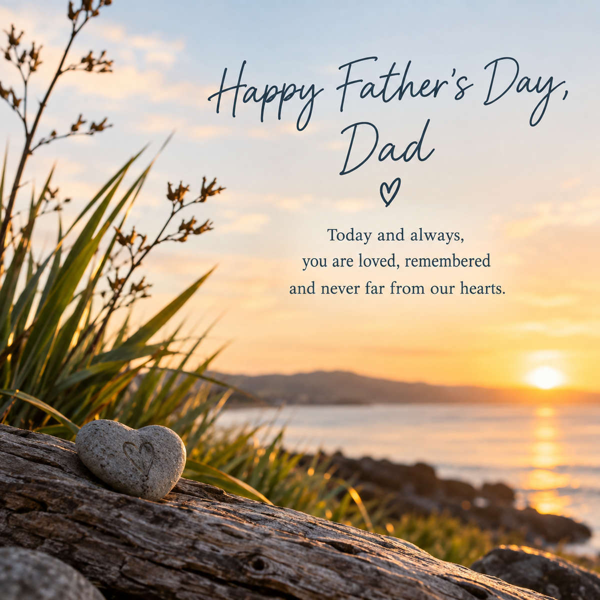 Happy Father's Day card with heart-shaped stone at sunset