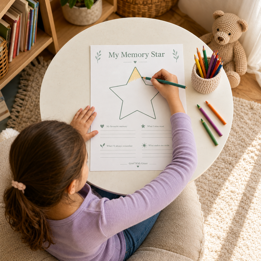 Child colouring the My Memory Star page at a cosy cream table